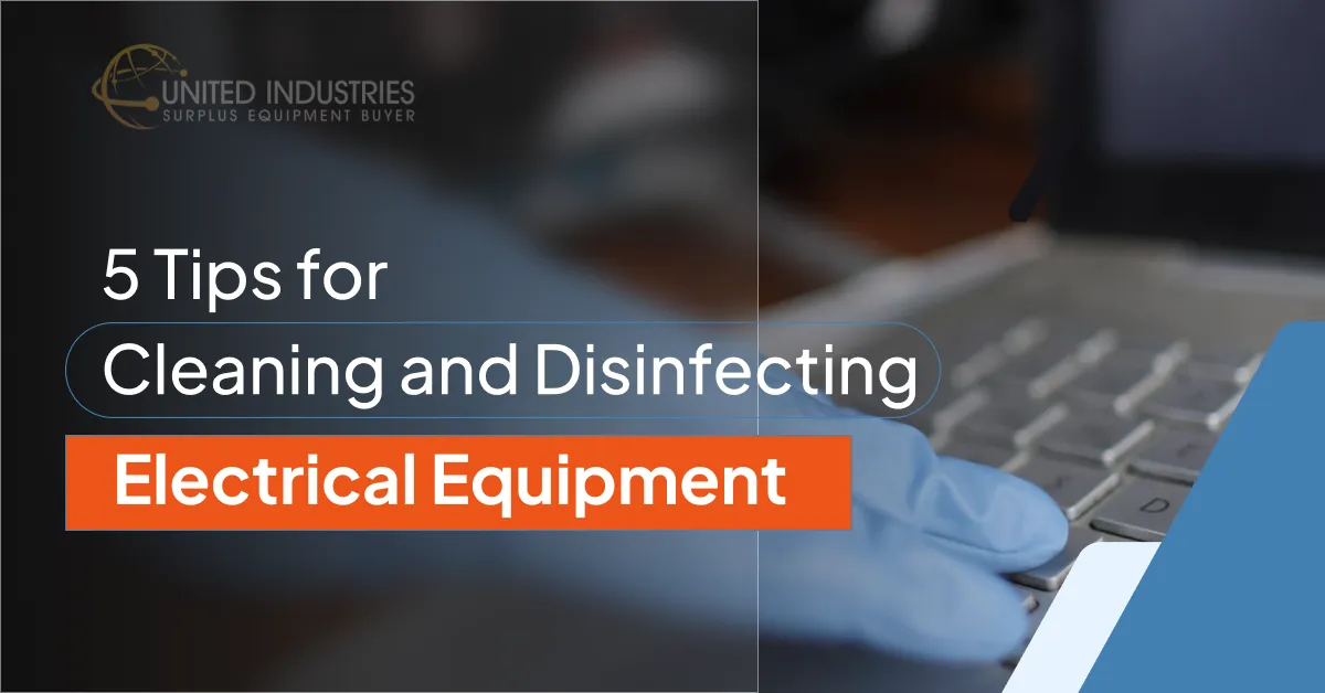 Gloved hand cleaning a laptop keyboard next to the title "5 Tips for Cleaning and Disinfecting Electrical Equipment.