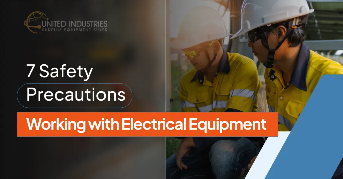 Two electrical workers in yellow high-visibility shirts and white safety helmets consulting on equipment, with overlaid text ‘7 Safety Precautions Before Working with Electrical Equipment’ and the United Industries Surplus Equipment Buyer logo.