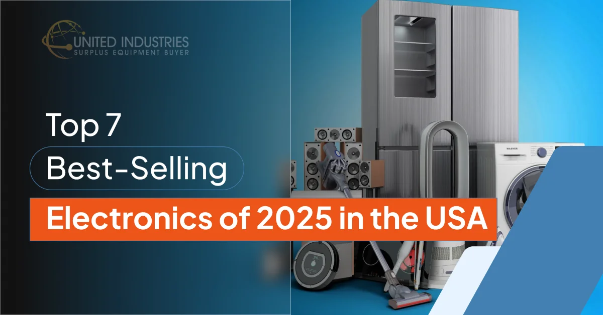Graphic for Top 7 Best-Selling Electronics of 2025 in the USA featuring home appliances and high-tech gadgets.