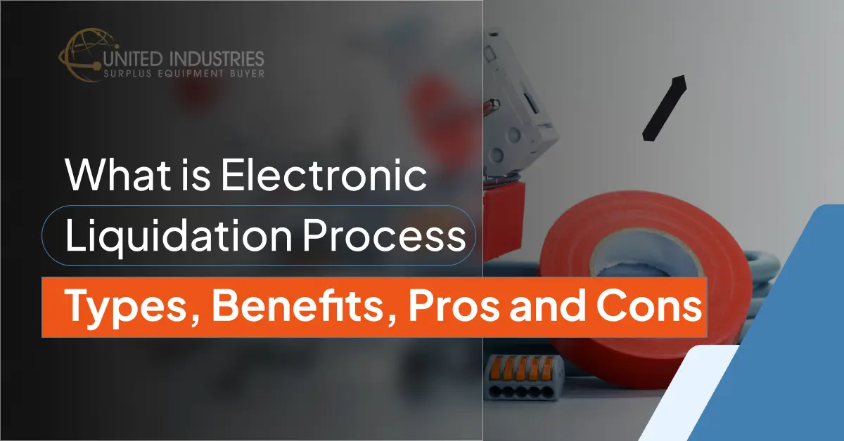 What is Electronic Liquidation Banner image for United Industries Surplus Equipment Buyer showing assorted electrical tools and components—tape, connectors, cable, circuit breaker—alongside text reading ‘What is Electronic Liquidation Process: Types, Benefits, Pros and Cons.’