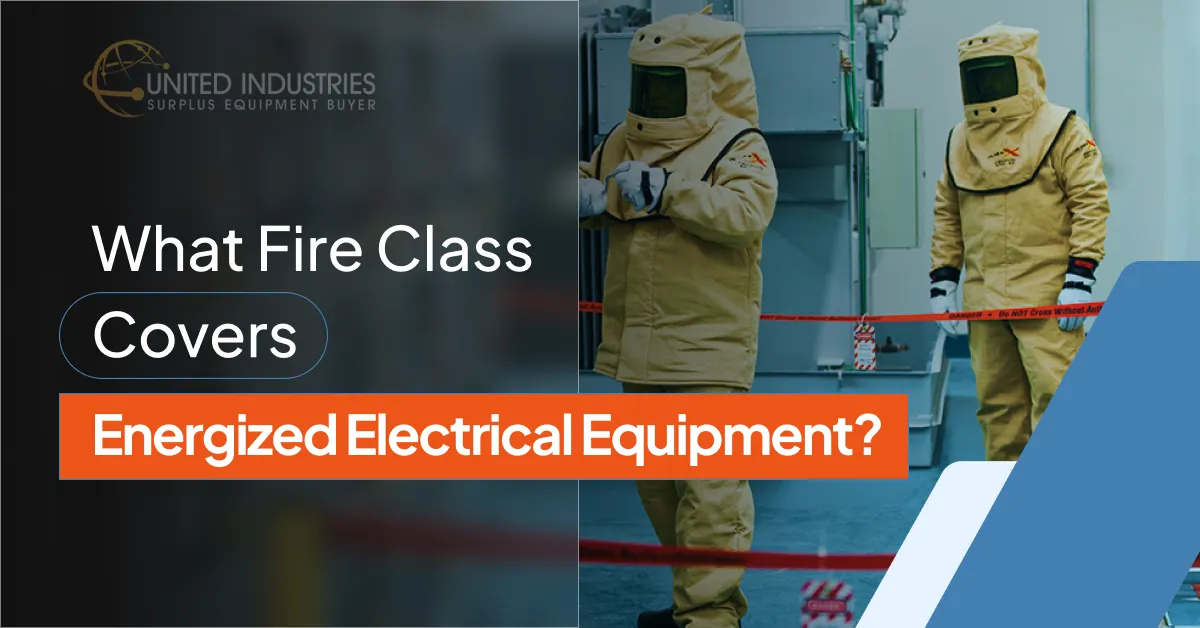Two technicians in full‐body arc‐flash protective suits stand behind caution tape in an electrical room, overlaid with the United Industries logo and the title “What Fire Class Covers Energized Electrical Equipment?”