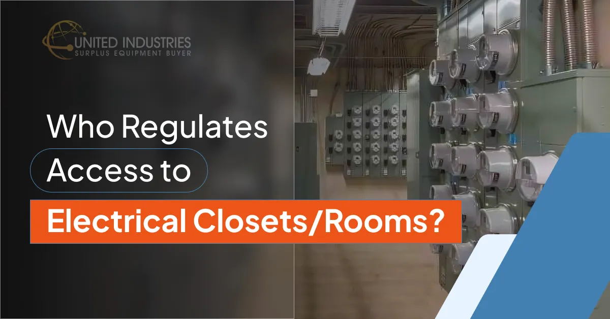 A branded feature image showing an electrical equipment room with meter panels in the background, overlaid with the United Industries Surplus Equipment Buyer logo and the text “Who Regulates Access to Electrical Closets/Rooms?”