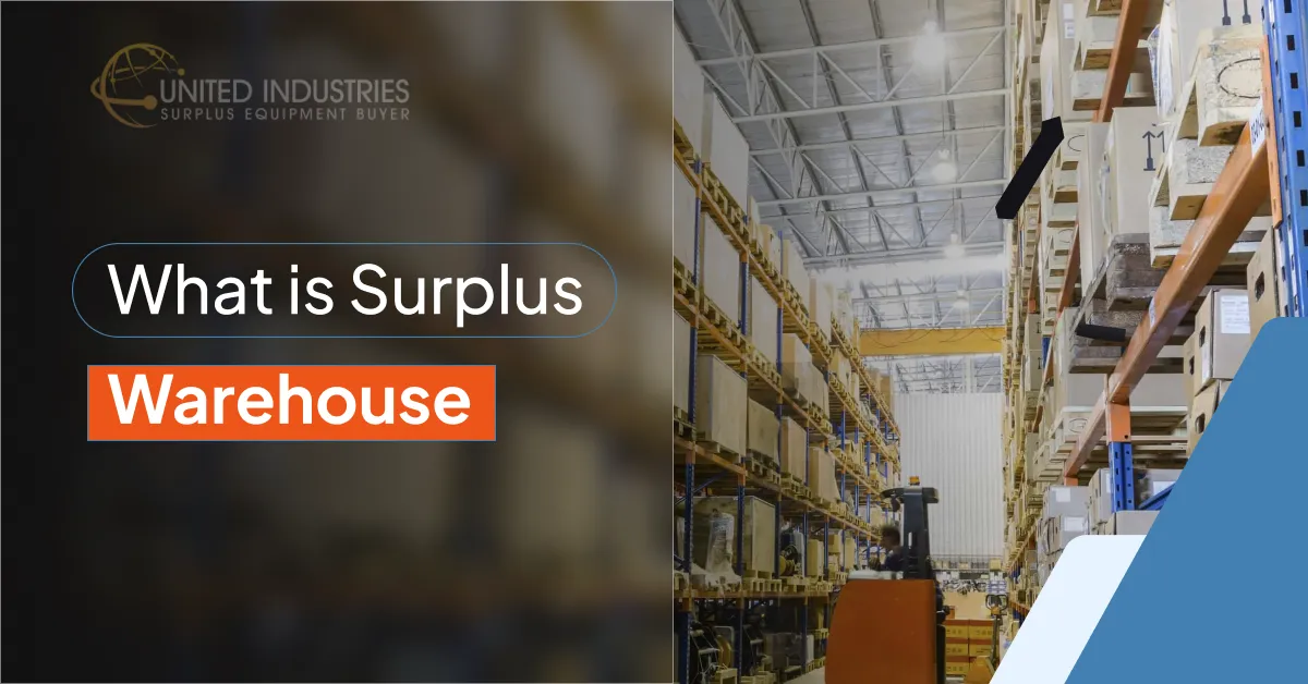 Text overlay reading 'What is Surplus Warehouse' on a blurred background image of a warehouse interior with shelves and equipment. The United Industries Surplus Equipment Buyer logo is in the top left corner.