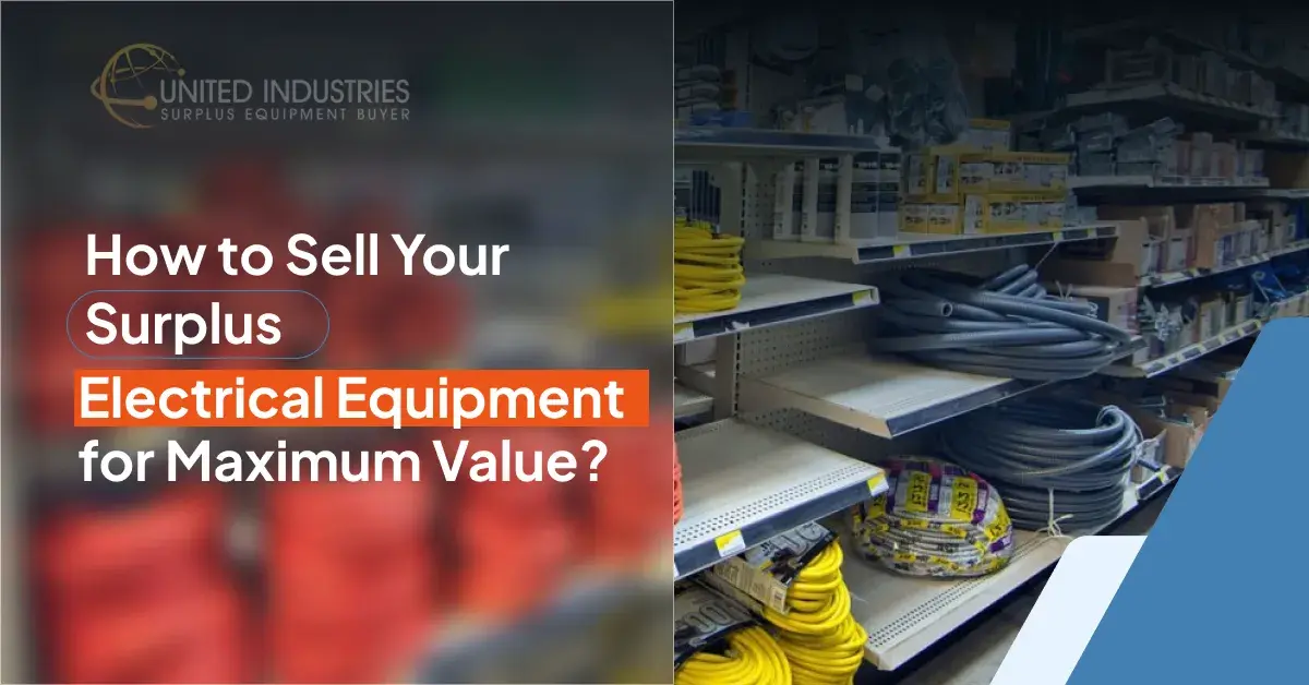 Selling Surplus Electrical Equipment Guide cover: "How to Sell Your Surplus Electrical Equipment for Maximum Value?" over warehouse aisles.