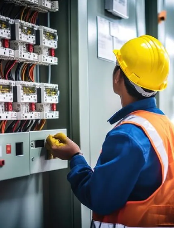Expert Electrical Services Nationwide An electrician in a yellow hard hat and orange safety vest working on an open electrical panel, ensuring safe and reliable operations for United Industries.