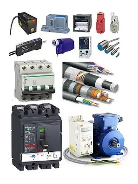 Types of Electrical Equipment We Offer A collage of various electrical components including circuit breakers, sensors, cables, and motors, showcasing types of electrical equipment we offer.