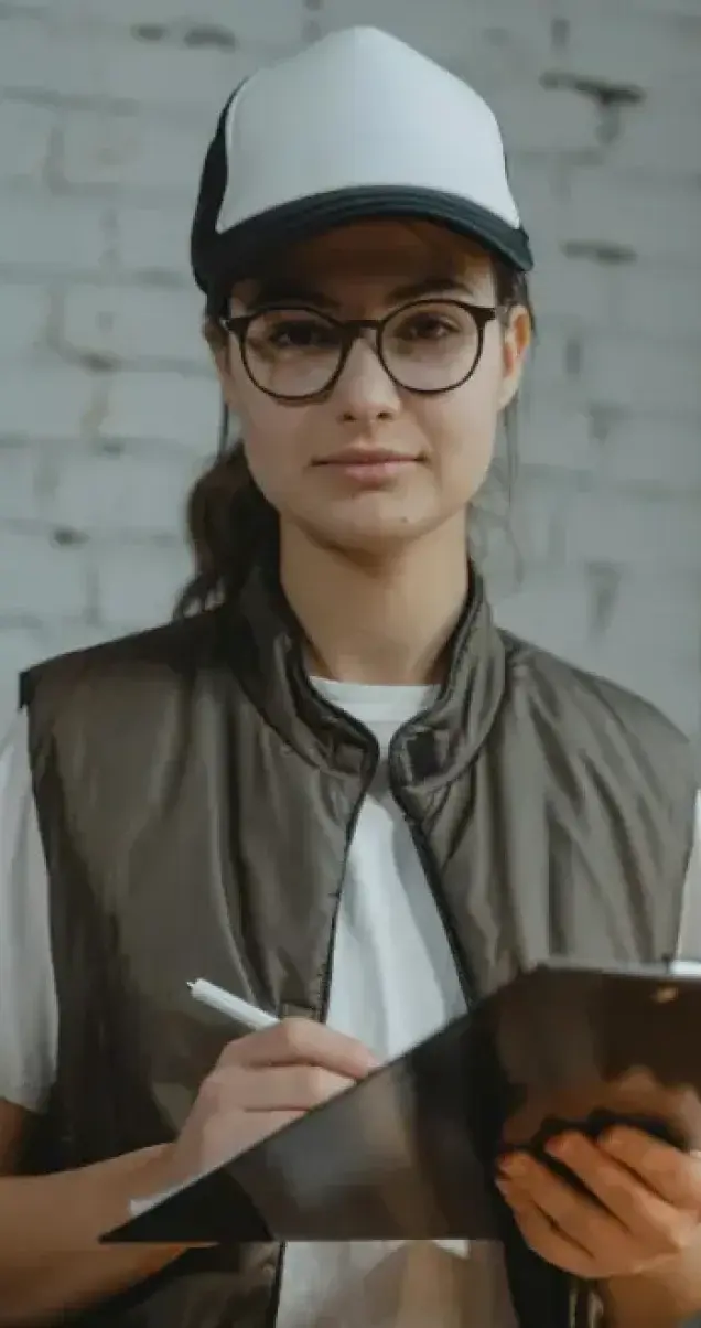 Why Choose United Industries VA – Our Expertise A friendly, professional female employee wearing glasses, a baseball cap, and a vest, holding a clipboard and pen. The image represents the dedicated staff at United Industries.