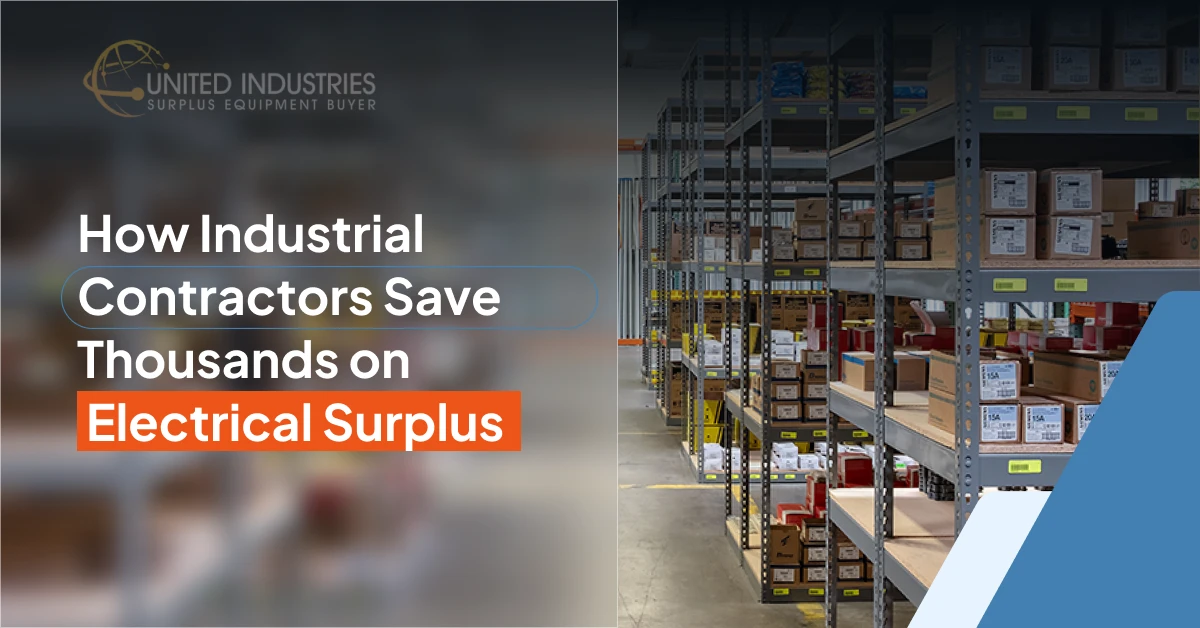 Guide cover with rows of boxes in a warehouse and the title "How Industrial Contractors Save Thousands on Electrical Surplus."
