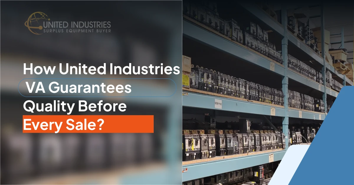 United Industries VA: Quality Guarantee Guide Guide cover showing warehouse shelves with electrical equipment, and the title "How United Industries VA Guarantees Quality Before Every Sale?"