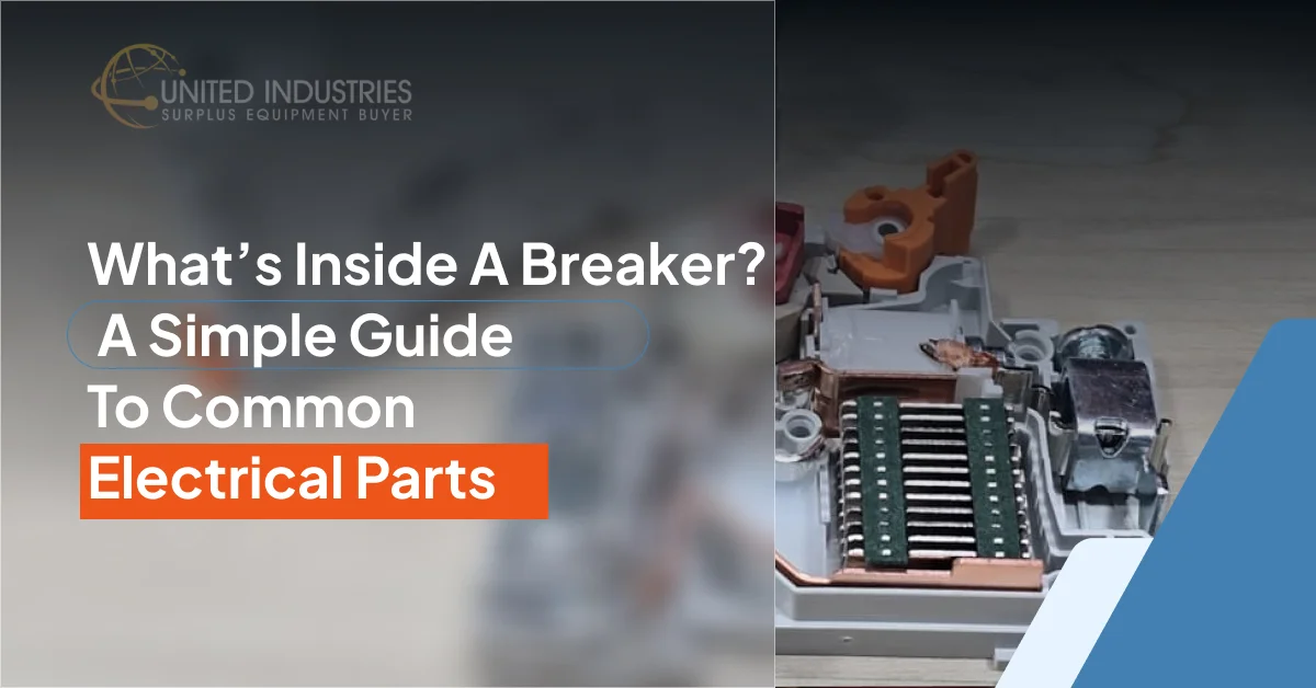 An exposed view of the internal components of an electrical circuit breaker.