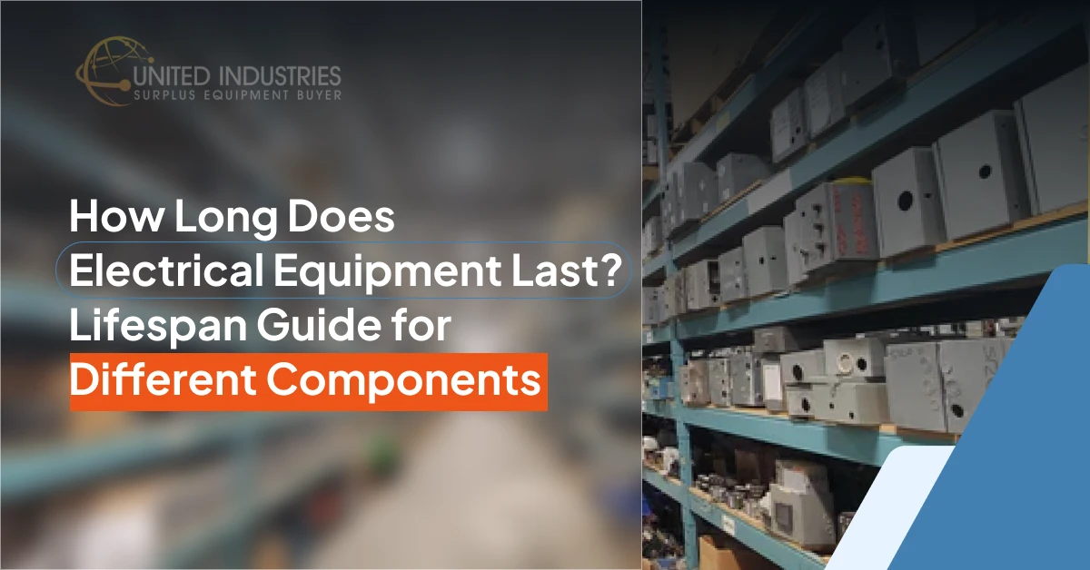 United Industries VA: Electrical Equipment Lifespan Guide Guide cover showing warehouse shelves with various electrical components, with the title "How Long Does Electrical Equipment Last? Lifespan Guide for Different Components" from unitedindustriesva.com.