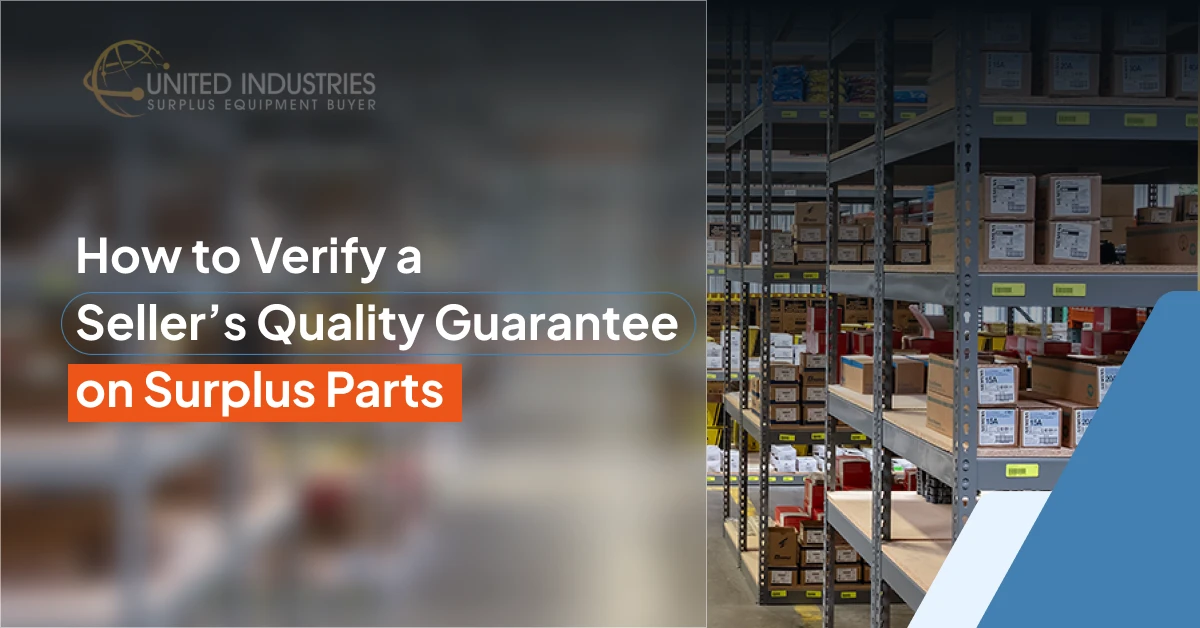Warehouse with stacked shelves of packaged surplus industrial parts and a title overlay.