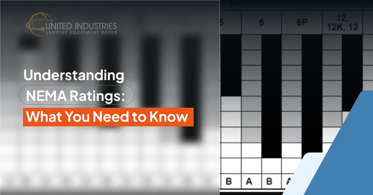 Graphic banner showing a blurred chart of NEMA enclosure ratings like 5, 6, 6P, 12K, 13 with United Industries logo and title "Understanding NEMA Ratings: What You Need to Know.
