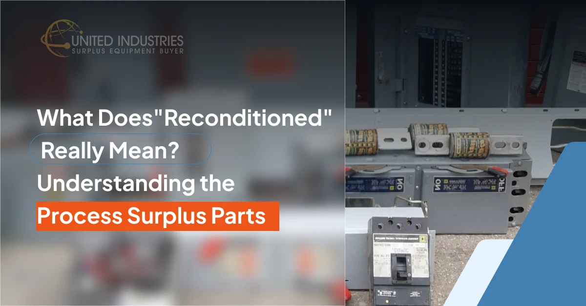 Circuit breakers and electrical panels with the text "What Does 'Reconditioned' Really Mean? Understanding the Process Surplus Parts" displayed.