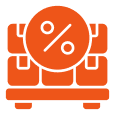 Bulk Discounts on Used Electrical Switchgear Inventory Orange icon: Stacked boxes representing used electrical switchgear on a pallet with a percentage sign for bulk discounts.