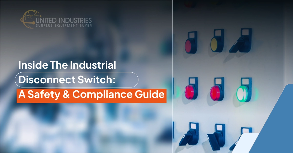 Row of colorful industrial disconnect switches on wall with text overlay: "Inside The Industrial Disconnect Switch: A Safety & Compliance Guide" by United Industries.