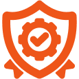 Quality Assurance and Inspection for Used Electrical Switchgear Orange quality assurance shield icon with gear and checkmark, symbolizing thoroughly tested electrical switchgear.