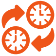 Sell Used Breakers for Quick Replacement and Minimal Downtime Orange icon of two analog clocks in a circular cycle with arrows, symbolizing quick replacement for used circuit breaker buyers.
