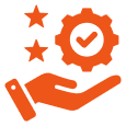Reliable Service and Quality Commitment for Used Electrical Switchgear Buyers Hand holding a gear with a checkmark and two stars, representing reliable service for electrical switchgear suppliers.