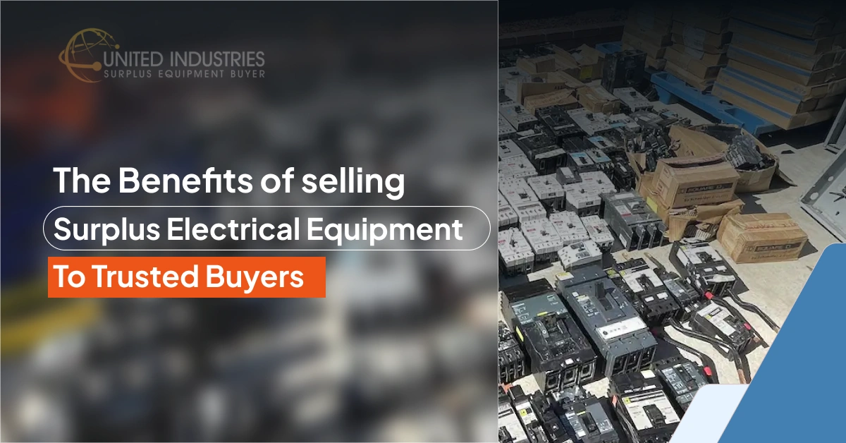 A warehouse floor filled with surplus electrical equipment, including circuit breakers and contactors, ready for resale.