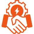 Your Trusted Partner to Sell Circuit Breakers Orange icon of a handshake beneath a gear with a lightning bolt, symbolizing a trusted partnership for power solutions.