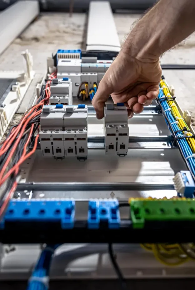 Industrial Circuit Breaker Installation: Buyers Circuit Breaker Services Electrician installing a circuit breaker onto a distribution board with various wires for industrial applications.