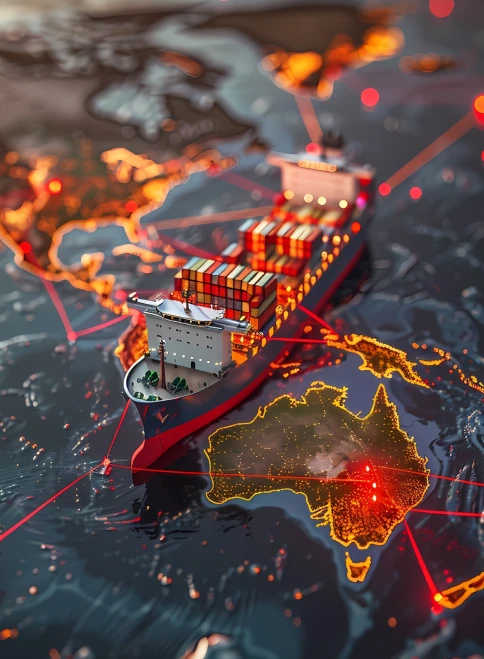 Nationwide Supply and Fast Shipping of Electrical Switchgear Globally Container ship with cargo on a glowing world map showing global trade routes and fast nationwide supply of electrical switchgear.