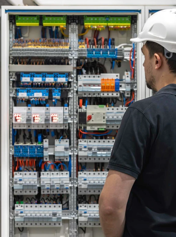 Electrician Inspecting a Commercial Circuit Breaker Panel Man in hard hat inspecting a large commercial electrical control and circuit breaker panel.