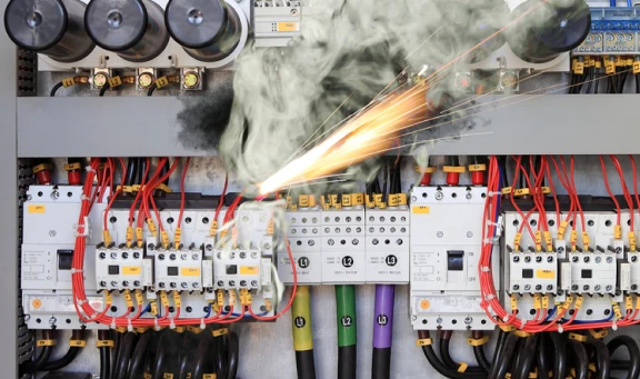 Electrical Panel Failure: Why Quality Matters to Circuit Breaker Buyers Arc flash and smoke from a short circuit in an industrial electrical control panel with multiple circuit breakers.
