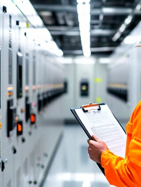 Technician Inspecting Industrial Electrical Switchgear Panels Worker in safety gear inspecting a row of industrial electrical switchgear panels with a checklist on a clipboard.