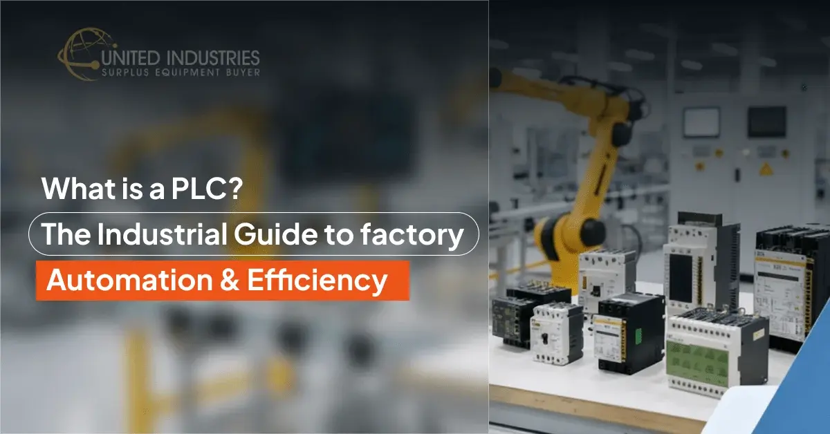 Factory floor with robotic arm, conveyor belt, PLC components, and a screen asking, "What is a PLC?"