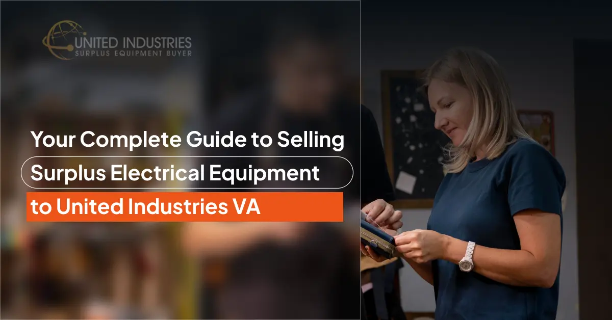 United Industries VA logo and text overlay on a blurred photo of a woman reviewing electrical equipment details.