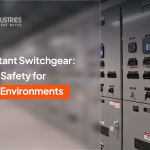 United Industries arc-resistant switchgear panels with digital displays and safety labels in a power facility.
