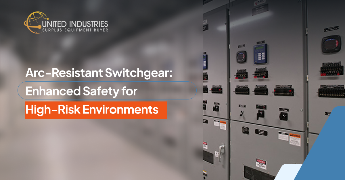 United Industries arc-resistant switchgear panels with digital displays and safety labels in a power facility.