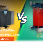 Side-by-side comparison of a grey oil-filled transformer with cooling fins and a red dry-type transformer with open coils.