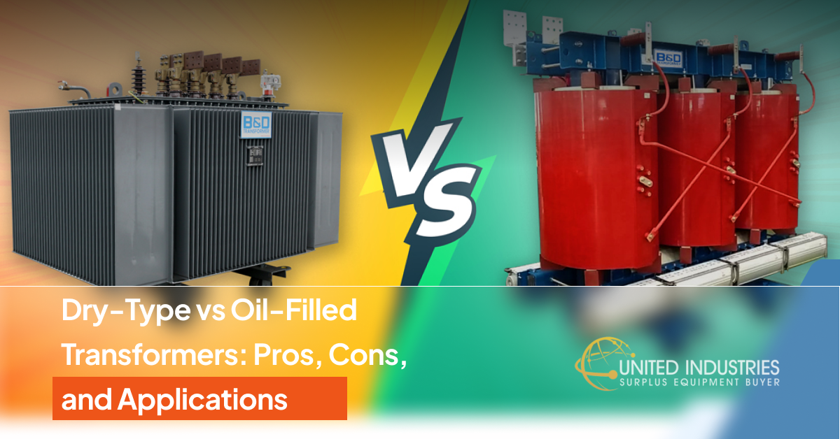 Side-by-side comparison of a grey oil-filled transformer with cooling fins and a red dry-type transformer with open coils.