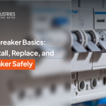 United Industries header for Electrical Breaker Basics guide featuring a blurred panel and sharp circuit breakers.