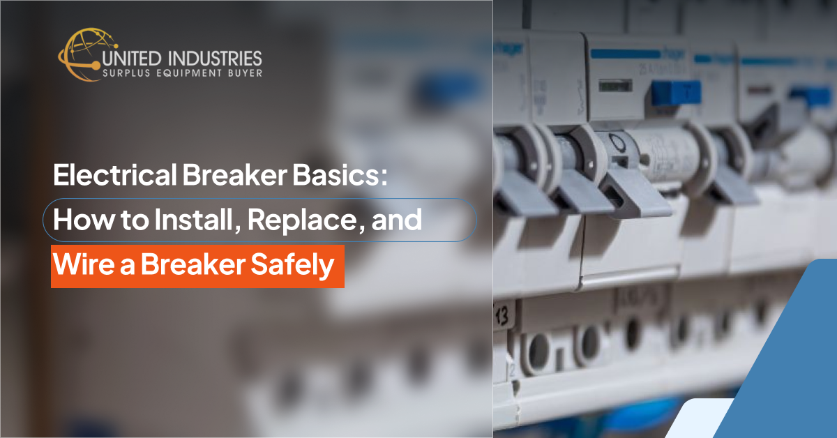 United Industries header for Electrical Breaker Basics guide featuring a blurred panel and sharp circuit breakers.