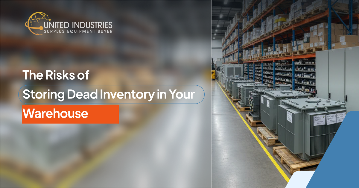 Industrial Warehouse Management and Dead Inventory Risks Large industrial transformers on wooden pallets lined up in a warehouse aisle next to tall storage racks.